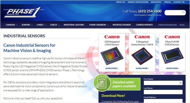  Hình ảnh trên website cho thấy Phase1vision là nhà phân phối các cảm biến Canon 