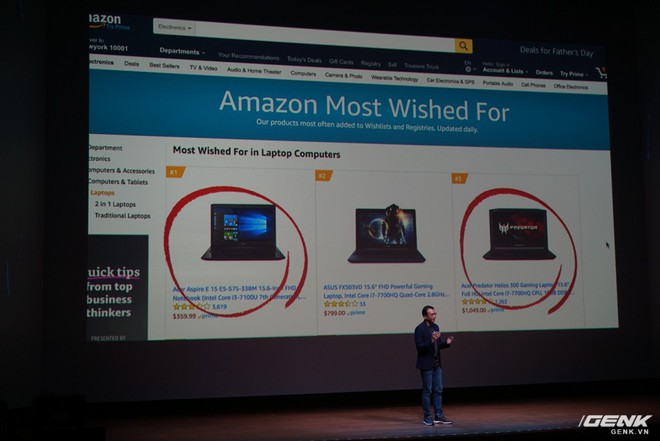  Ông cho biết Acer đang gặt hái được những thành công đáng mừng, trong đó có thể kể đến danh sách Most Wished của trang Amazon có đến 2 sản phẩm của Acer xuất hiện đầu tiên trong list này. 
