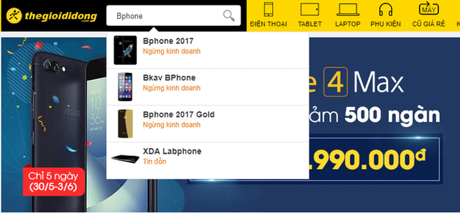  Tất cả các sản phẩm Bphone đều đã ngừng bán tại chuỗi Thegioididong 