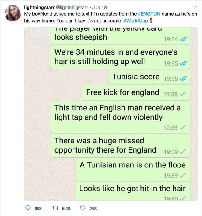 Gấu nhà người ta: Cô bạn gái tường thuật World Cup qua tin nhắn cho bạn trai với một khiếu hài hước tuyệt vời - Ảnh 2.