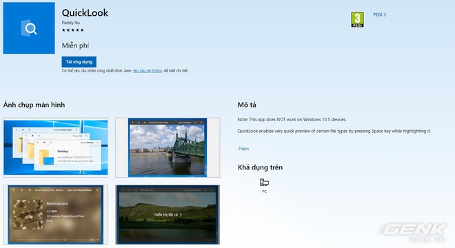  Ứng dụng QuickLook có thể được tải về miễn phí từ Microsoft Store 