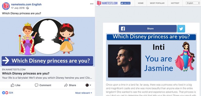  Ứng dụng quiz Bạn sẽ là công chúa Disney nào rất phổ biến trên Facebook, đã thu thập dữ liệu của 120 triệu người dùng. 