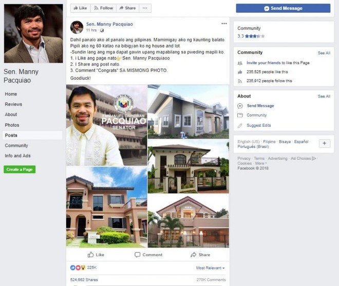 Hứa hẹn tặng 60 ngôi nhà, trang Facebook Manny Pacquiao giả mạo khiến dân mạng Philippines điên đảo - Ảnh 1.