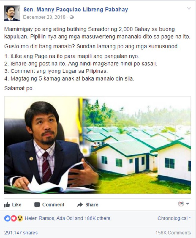 Hứa hẹn tặng 60 ngôi nhà, trang Facebook Manny Pacquiao giả mạo khiến dân mạng Philippines điên đảo - Ảnh 5.