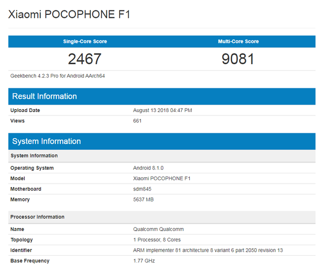 POCOPHONE F1 của Xiaomi lộ cấu hình trên Geekbench, mạnh ngang flagship cao cấp, giá chỉ 9 triệu - Ảnh 1.