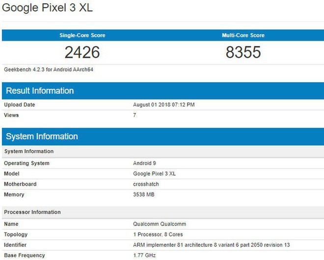 Google Pixel 3 XL lộ điểm benchmark, chip Snapdragon 845, RAM 4GB, Android P - Ảnh 1.