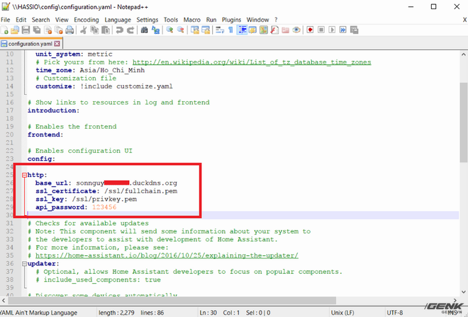  Sau đó các bạn thêm tiếp vào file config này một đoạn code như trên với địa chỉ hass và phần api_passwork tạo ở bước cài Dunk DNS 