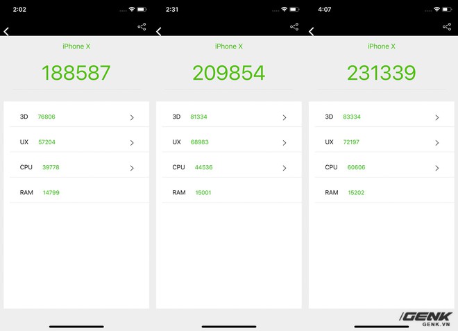  Trên iPhone X, mức điểm thấp nhất và cao nhất lên đến ~43.000 điểm 