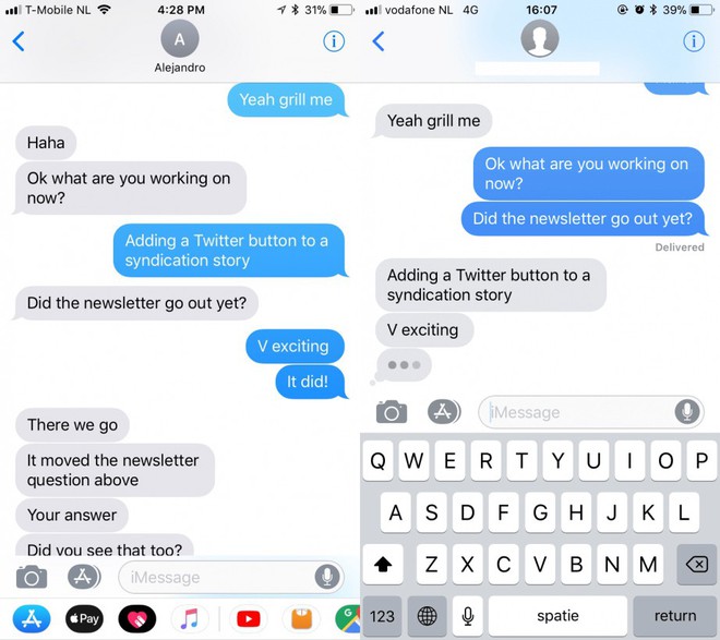  Bên trái là nội dung tin nhắn trên ứng dụng iMessage của Georgina, bên phải là của Alejandro 
