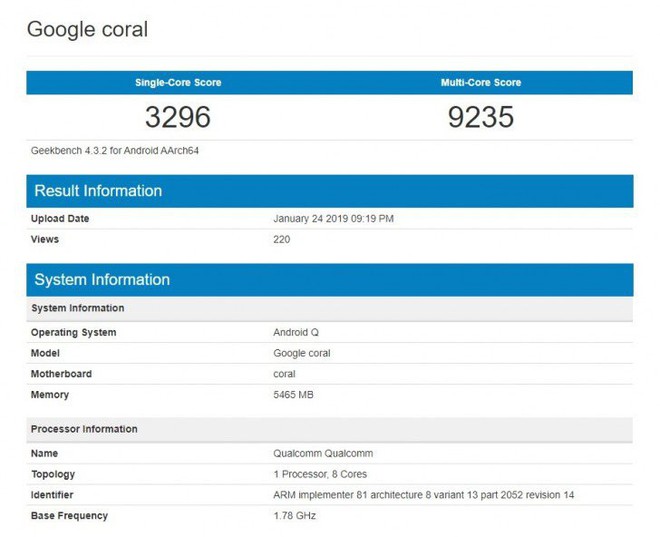 Smartphone lạ Google Coral xuất hiện trên GeekBench, dùng chip Snapdragon 855, phải chăng là Pixel 4 - Ảnh 1.