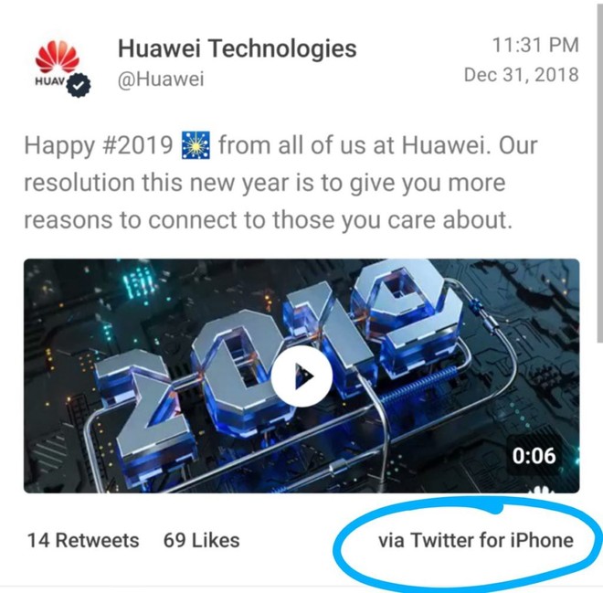 Lỡ tay đăng tweet chúc mừng năm mới bằng iPhone, nhân viên Huawei mất thưởng tết - Ảnh 1.