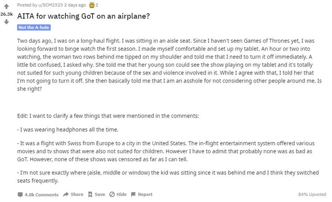 Reddit cãi nhau om sòm bởi anh chàng số nhọ bị mắng là đồ khốn chỉ vì xem Game of Thrones trên máy bay - Ảnh 2.
