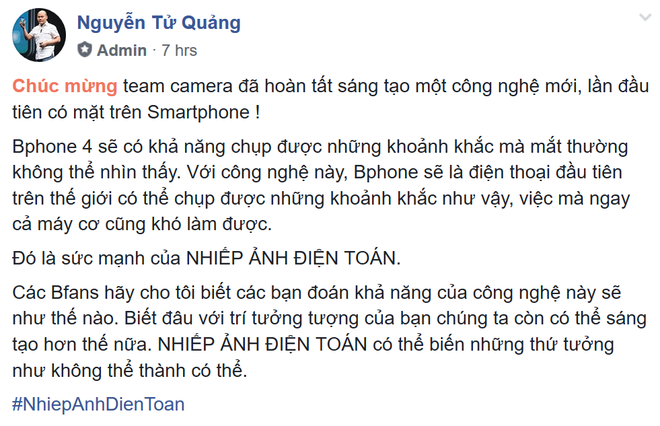 CEO BKAV Nguyễn Tử Quảng: Bphone 4 sẽ chụp được những bức ảnh mà ngay cả DSLR cũng khó làm được, mắt thường không thể nhìn thấy - Ảnh 1.