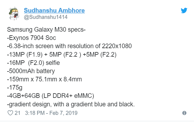 Galaxy M30 lộ cấu hình chi tiết: Màn hình 6.4 inch, 3 camera, pin 5000mAh, màu gradient mới - Ảnh 1.