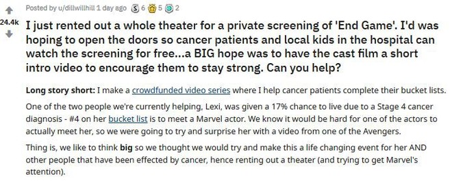 Cảm động nhóm từ thiện bao nguyên rạp chiếu phim để bệnh nhân ung thư xem Endgame miễn phí - Ảnh 1.