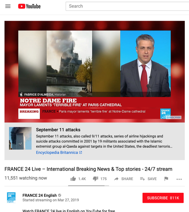 YouTube nhầm lẫn đám cháy Nhà Thờ Đức Bà Paris với vụ khủng bố 11/9 tại New York - Ảnh 2.