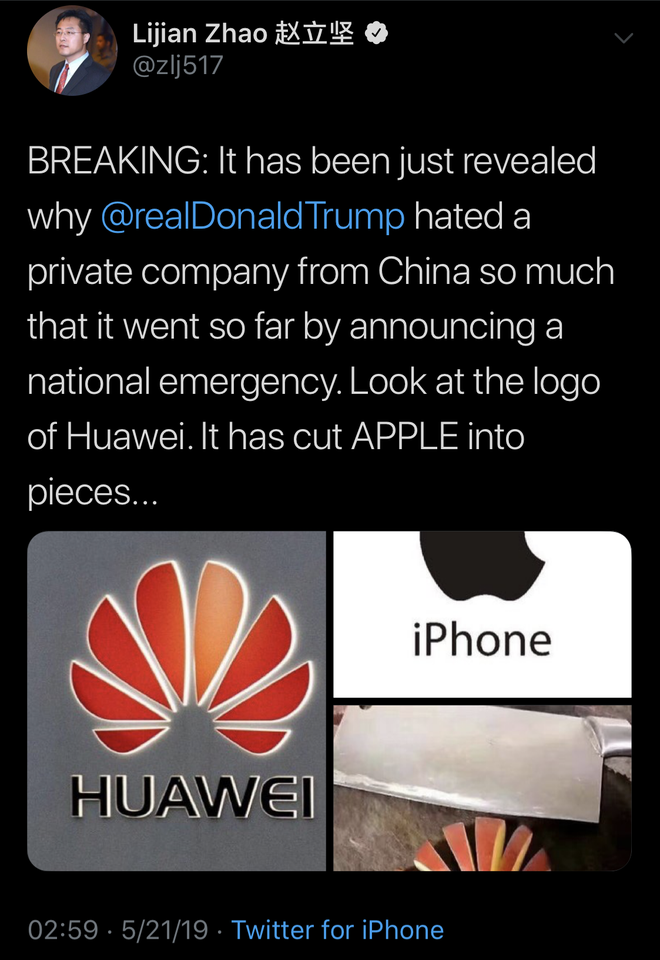 Nhà ngoại giao Trung Quốc dùng iPhone đăng tweet ủng hộ Huawei, chế giễu Apple - Ảnh 1.