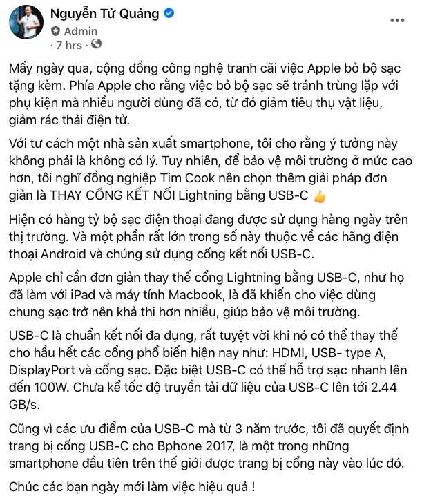 Bài đăng của ông Nguyễn Tử Quảng trên Facebook