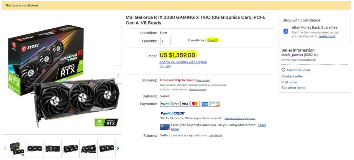 Công ty con của MSI bị bắt quả tang bán GPU RTX 3080 giá cao trên eBay - Ảnh 1. Công ty con của MSI bị bắt quả tang bán GPU RTX 3080 giá cao trên eBay - Ảnh 1.