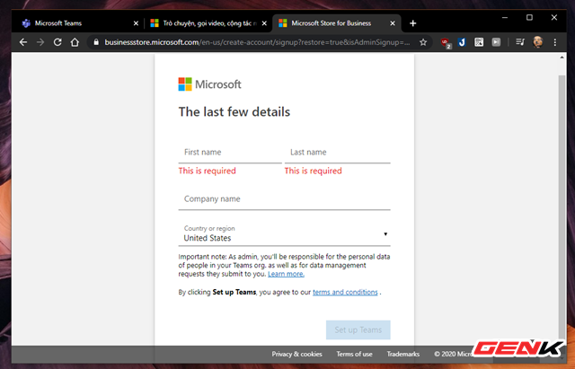 Nhập đầy đủ thông tin tên bạn và tên công ty, sau đó nhấn 