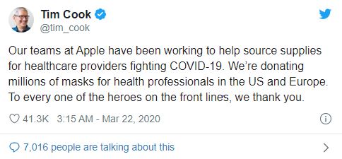 CEO TIm Cook cho biết Apple đã và đang tích cực hỗ trợ các đội ngũ y tế trong cuộc chiến với Covid-19, đồng thời cũng không quên gửi lời cảm ơn đến những người hùng thầm lặng của nhân loại.