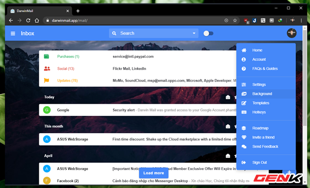 Để thay đổi ảnh nền cho Darwin Mail, bạn hãy nhấn vào ảnh đại diện tài khoản và chọn "Background".