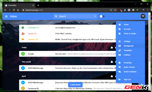 Để thay đổi ảnh nền cho Darwin Mail, bạn hãy nhấn vào ảnh đại diện tài khoản và chọn