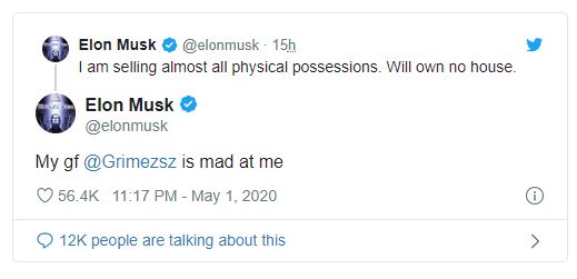 Elon Musk lại phá đảo Twitter: Tuyên bố giá cổ phiếu Tesla quá cao, đòi bán hết nhà cửa, bị bạn gái dỗi cũng phải kể cho thiên hạ biết - Ảnh 1.