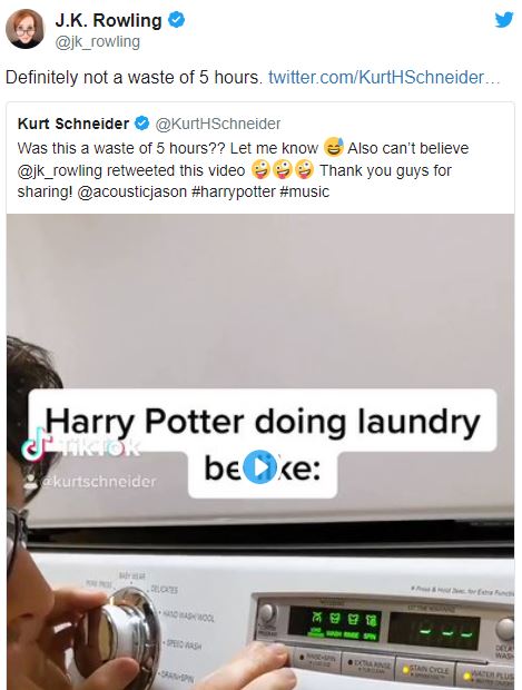 TikToker tạo ra bản nhạc kinh điển trong Harry Potter chỉ với 1 chiếc máy giặt, được nhà văn J. K Rowling đích thân khen ngợi - Ảnh 3.