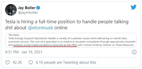 Sợ Elon Musk sa đà vào cãi nhau trên mạng, Tesla tuyển cả chuyên viên bảo vệ ông trên Twitter - Ảnh 2. Sợ Elon Musk sa đà vào cãi nhau trên mạng, Tesla tuyển cả chuyên viên bảo vệ ông trên Twitter - Ảnh 2.