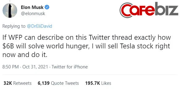 Elon Musk gây bão mạng khi đòi sếp Liên Hợp Quốc ‘sao kê’ nếu muốn ông chi 6 tỷ USD cứu thế giới thoát nạn đói - Ảnh 2.