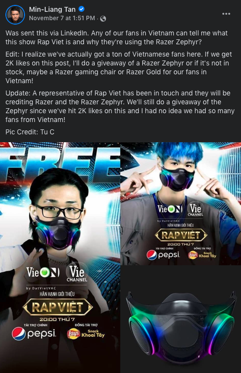 Rap Việt giảng hoà với Razer về bản quyền hình ảnh, tổ chức giveaway khẩu trang Zephyr cho fan đúng theo nguyện vọng của CEO Min-Liang Tan - Ảnh 2.