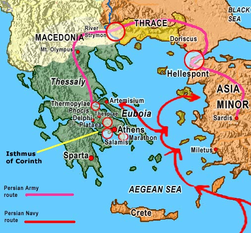 Bản đồ đường đi cho cuộc xâm lược của quân Ba Tư.