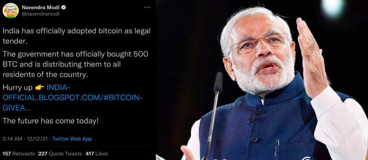 Tổng thống Modi bị hack tài khoản Twitter, tuyên bố Ấn Độ đã chấp nhận và mua 500 Bitcoin - Ảnh 1.