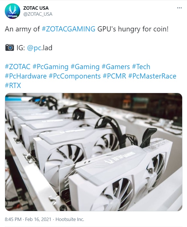 Khoe ảnh dàn trâu đào coin lại còn thêm hashtag #PCgaming, nhà sản xuất GPU khiến gamer bức xúc - Ảnh 2.