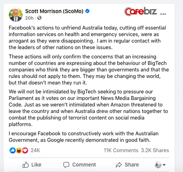  Quyền lực ‘bá đạo’ của Mark Zuckerberg: Cắt quyền truy cập thông tin của cả nước Úc ngay trong đêm, chính phủ giận dữ Facebook thay đổi thế giới không có nghĩa họ điều hành thế giới - Ảnh 2.