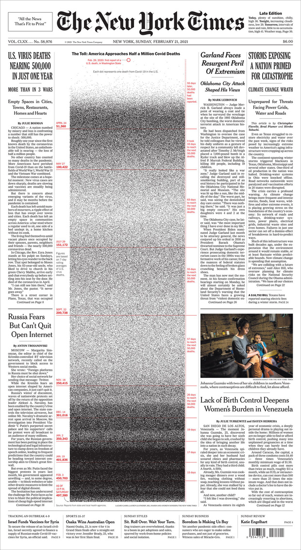 1000, 100.000, rồi nửa triệu: 2 trang nhất gây ám ảnh cả thế giới của New York Times về hiện thực đau đớn Covid-19 mang lại - Ảnh 1.
