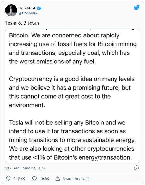 “Lươn” như Elon Musk: Mới tháng trước còn đồng ý Bitcoin giúp tăng cường sử dụng năng lượng sạch, giờ lại tuyên bố không chấp nhận Bitcoin để bảo vệ môi trường - Ảnh 3. “Lươn” như Elon Musk: Mới tháng trước còn đồng ý Bitcoin giúp tăng cường sử dụng năng lượng sạch, giờ lại tuyên bố không chấp nhận Bitcoin để bảo vệ môi trường - Ảnh 3.