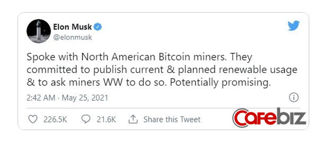 Sau khi chê Bitcoin hủy hoại môi trường, Elon Musk vừa có động thái tweet bảo vệ đồng tiền số, giá lại bật tăng - Ảnh 2.