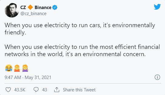 CEO sàn tiền ảo Binance chế giễu quan điểm về bitcoin của Tesla, ngầm ám chỉ Elon Musk đạo đức giả - Ảnh 1.