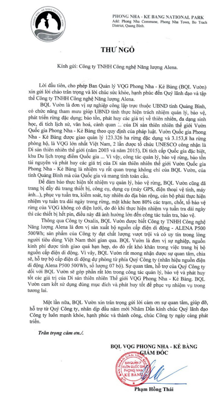 Công ty Alena Energy trao tặng 07 bộ nguồn điện di động ALENA P500 cho BQL Vườn Quốc Gia Phong Nha – Kẻ Bàng - Ảnh 2.