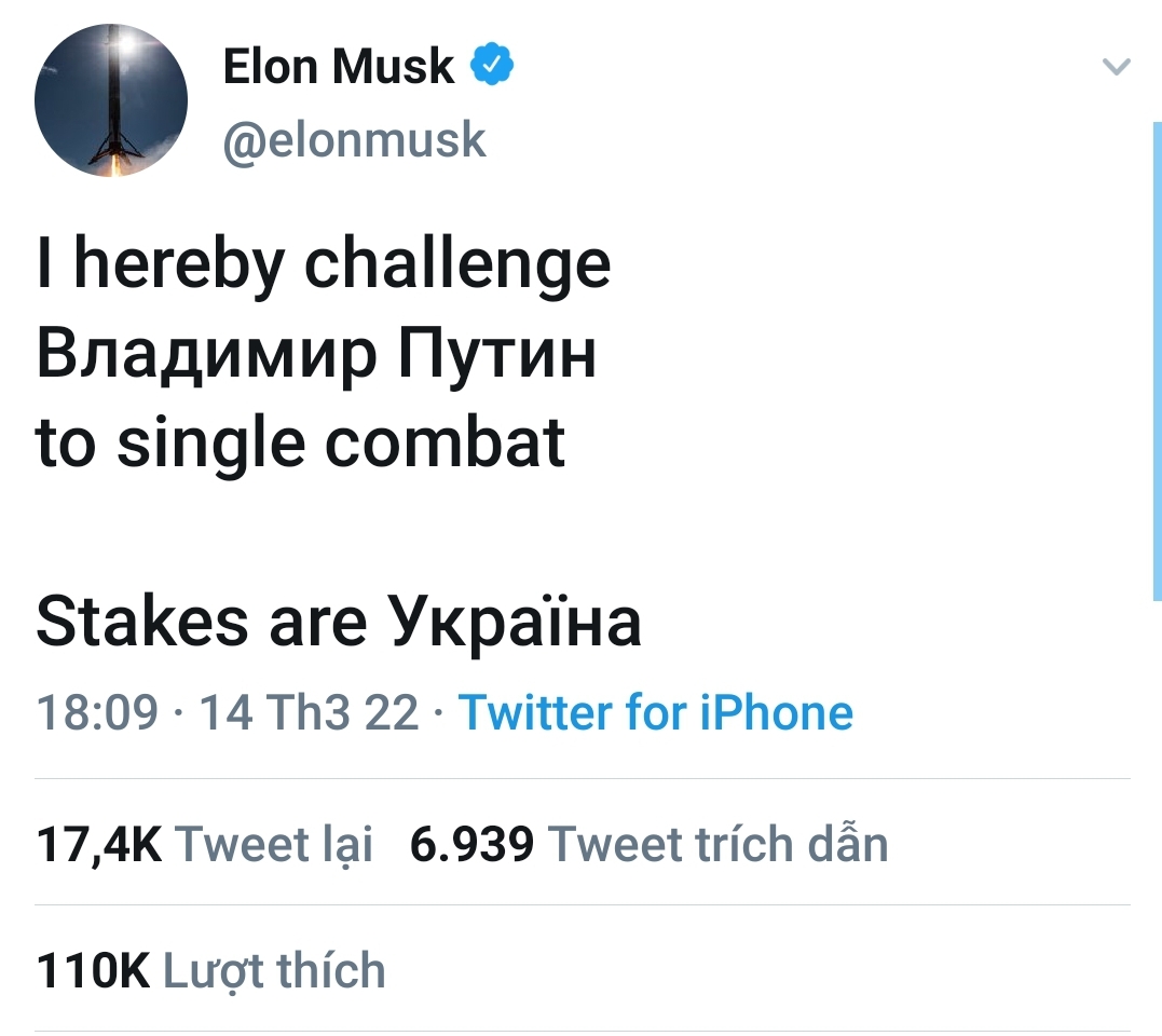 Elon Musk thách Tổng thống Putin đấu tay đôi với phần thưởng là Ukraine - Ảnh 1.