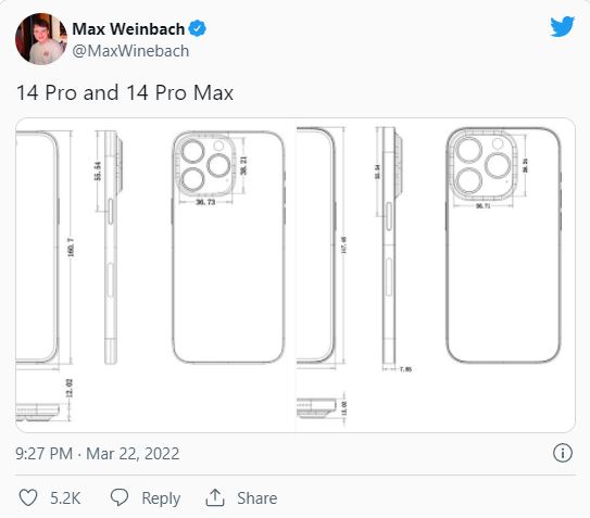Leaked iPhone 14 Pro CAD image shows the convexity of the camera cluster, confirming the presence of the 'pill'-shaped notch