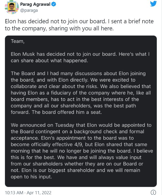 Mua 9,2% cổ phần của Twitter để thay đổi MXH này, Elon Musk bất ngờ từ chối chiếc ghế trong hội đồng quản trị công ty, lý do đằng sau là gì? - Ảnh 1.