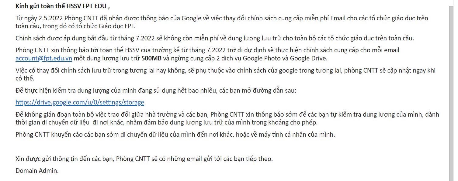 Một trường CNTT học ph&iacute; top đầu Việt Nam giới hạn dung lượng Google của sinh vi&ecirc;n c&ograve;n 500MB, &iacute;t hơn cả thời kỳ sơ khai của Gmail c&aacute;ch đ&acirc;y gần 20 năm - Ảnh 1.