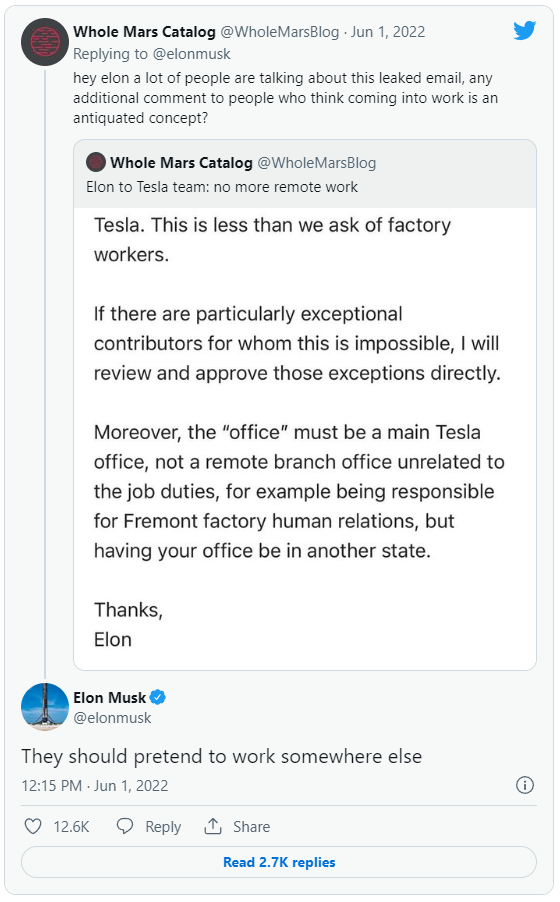 Elon Musk không chấp nhận làm việc từ xa: Hoặc quay lại văn phòng, hoặc nghỉ việc - Ảnh 1.