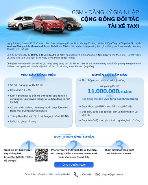 Công ty taxi điện của ông Phạm Nhật Vượng tìm đối tác tài xế: cam kết lương cứng lên đến 11 triệu đồng, hoa hồng 25% tổng doanh thu tháng - Ảnh 1.