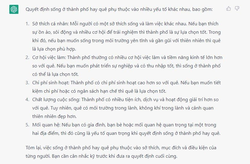 ChatGPT trả lời gì khi được hỏi nên sống ở thành phố hay bỏ phố về quê? - Ảnh 1.