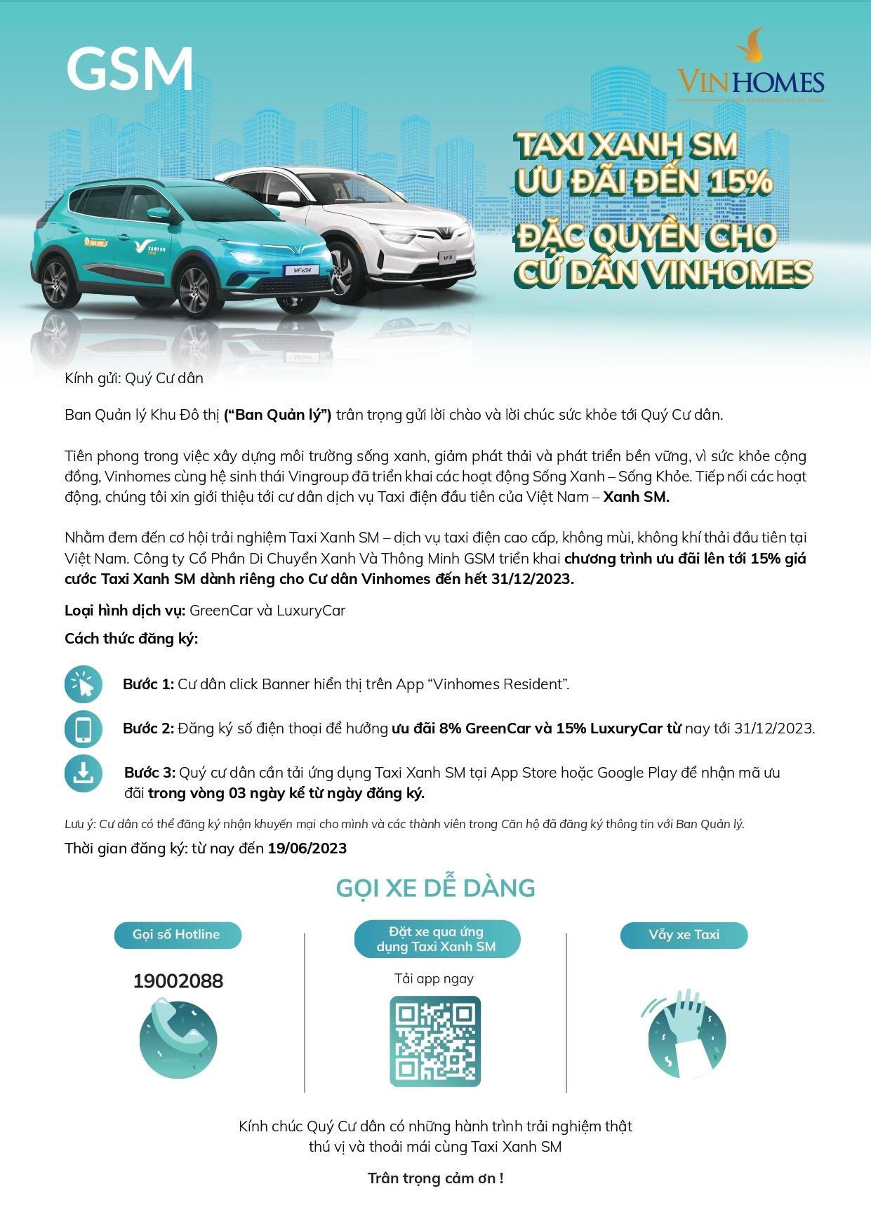 Taxi điện GSM mạnh tay ưu đãi 15% giá cước, đặc quyền chỉ dành riêng cho cư dân tại Vinhomes - Ảnh 2.