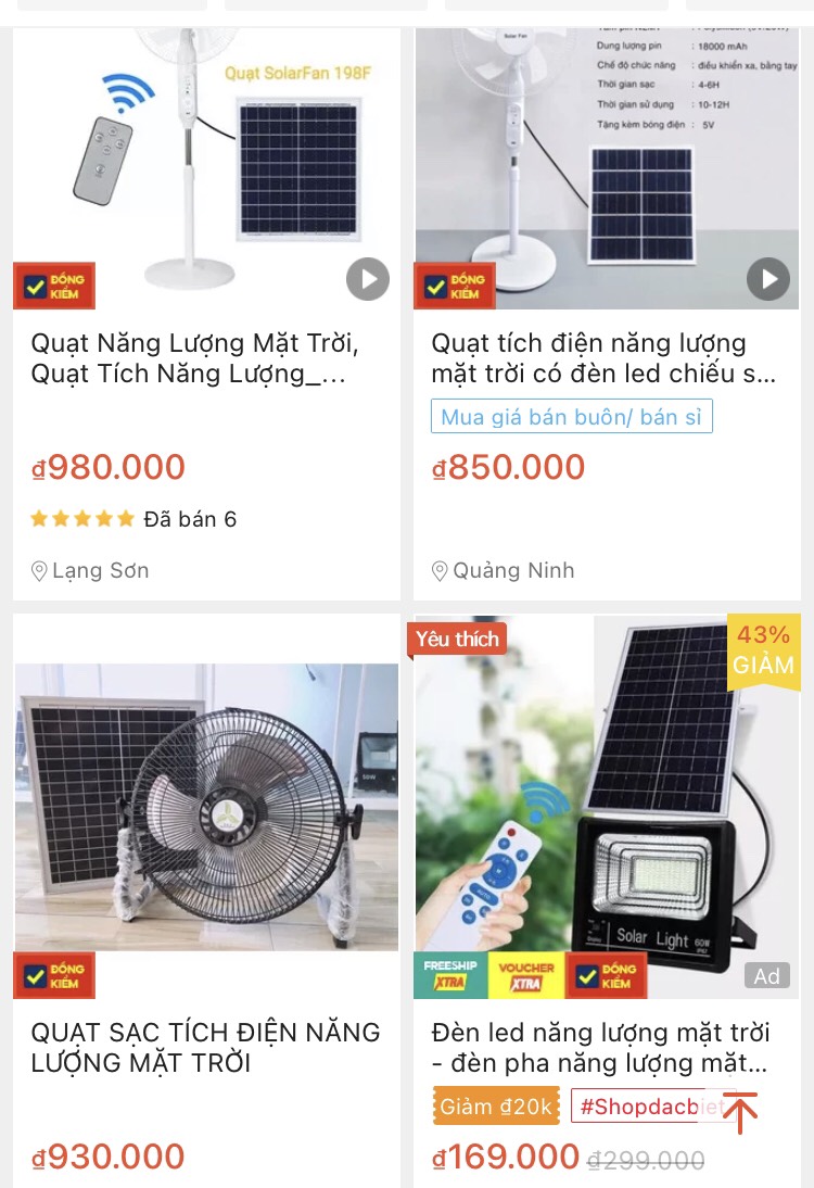 Mặt hàng quạt sạc, quạt năng lượng mặt trời được bán trên các trang thương mại điện tử